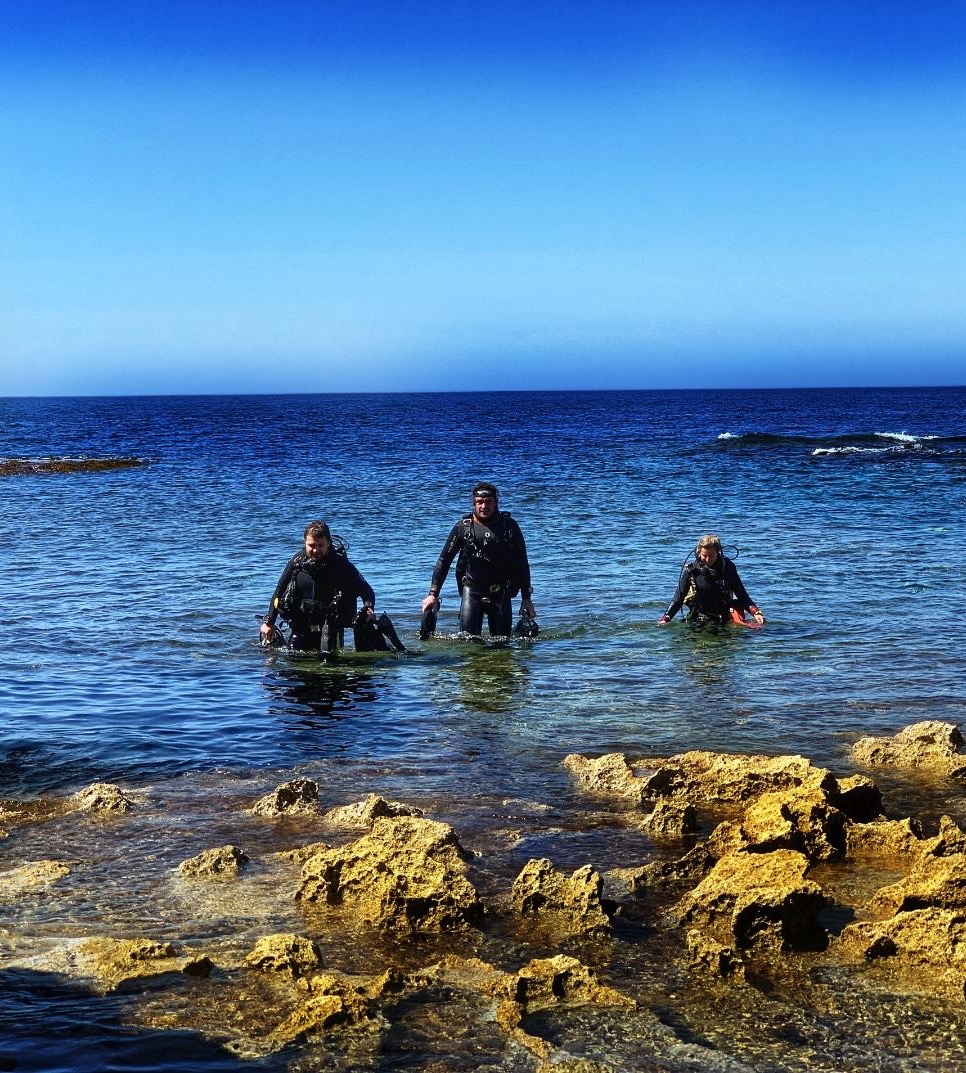 Divers on the shore